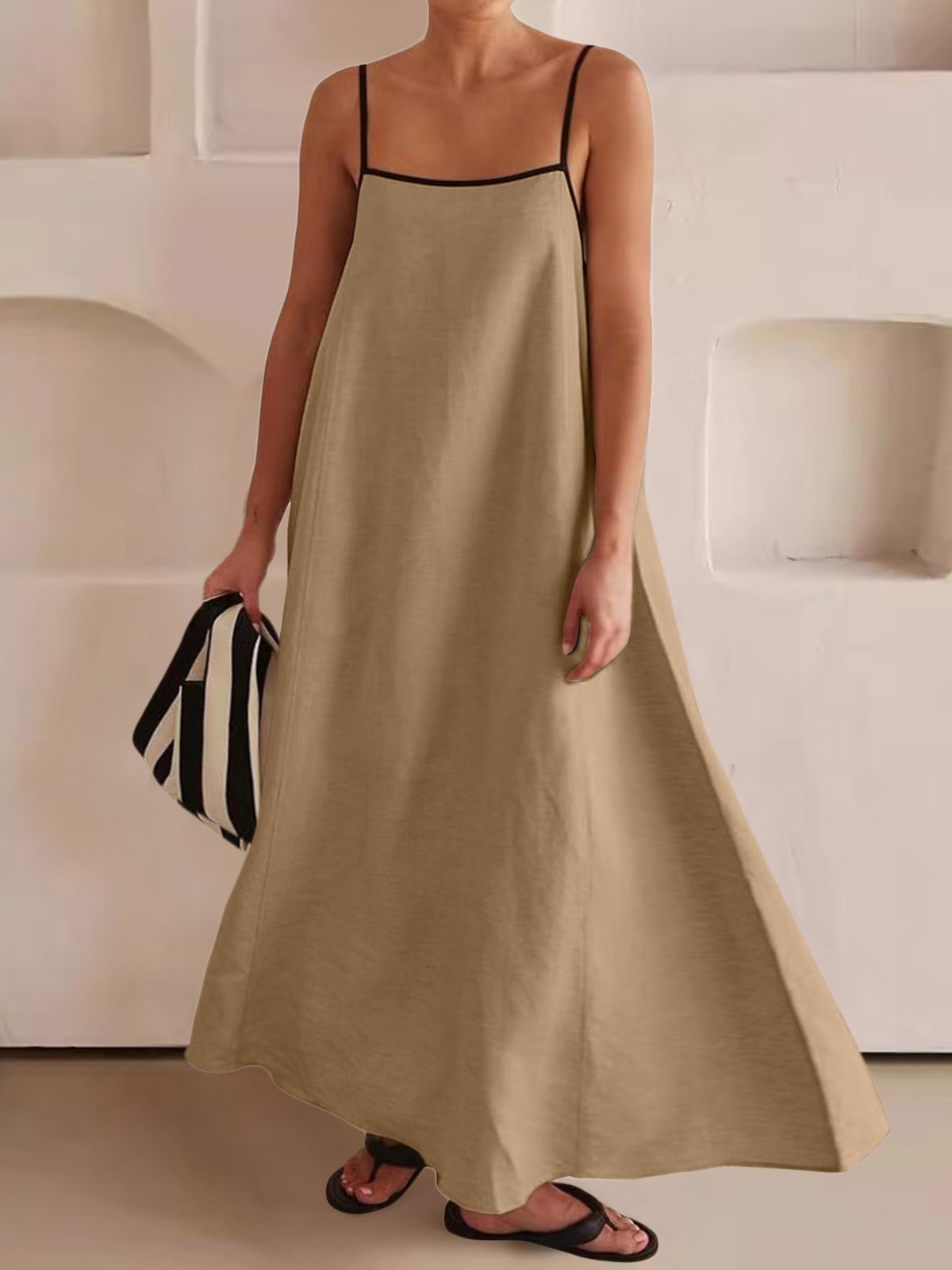 Damen Gestreift Ärmellos Sommer Nahtverarbeitung Kleid Karree-Ausschnitt Täglich Retro Maxikleid Tanktop A-Linien-Kleid