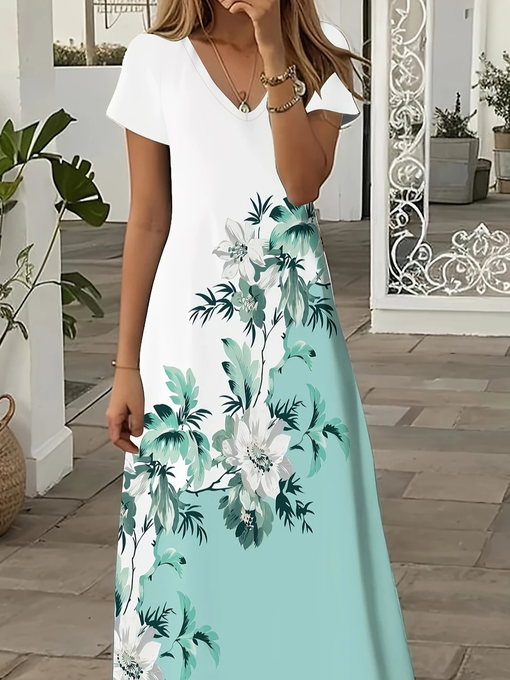 Damen Geblümt Kurzarm Sommer Print Kleid V-Ausschnitt Täglich Lässig Maxikleid X-Linie Kleid