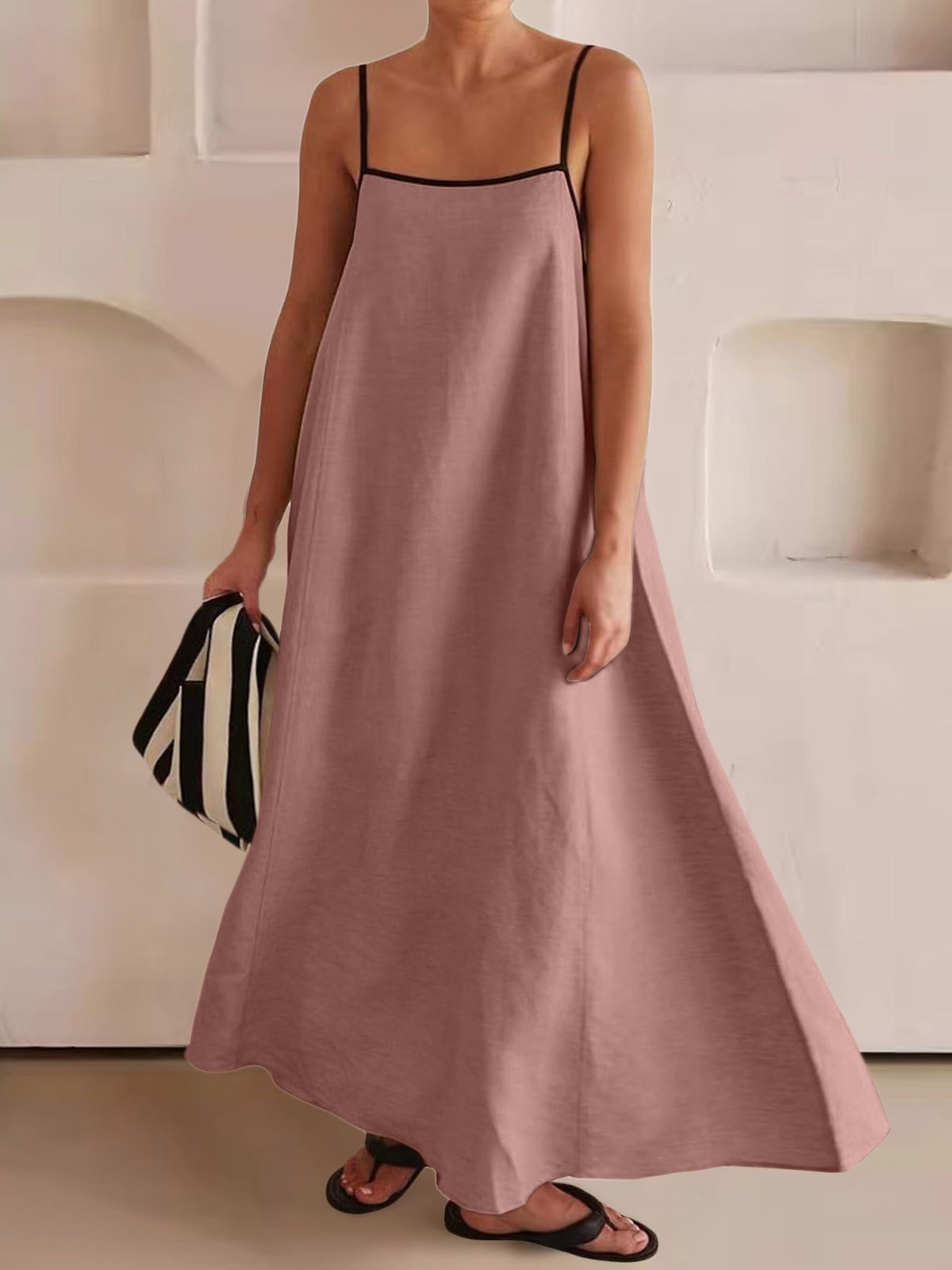 Damen Gestreift Ärmellos Sommer Nahtverarbeitung Kleid Karree-Ausschnitt Täglich Retro Maxikleid Tanktop A-Linien-Kleid