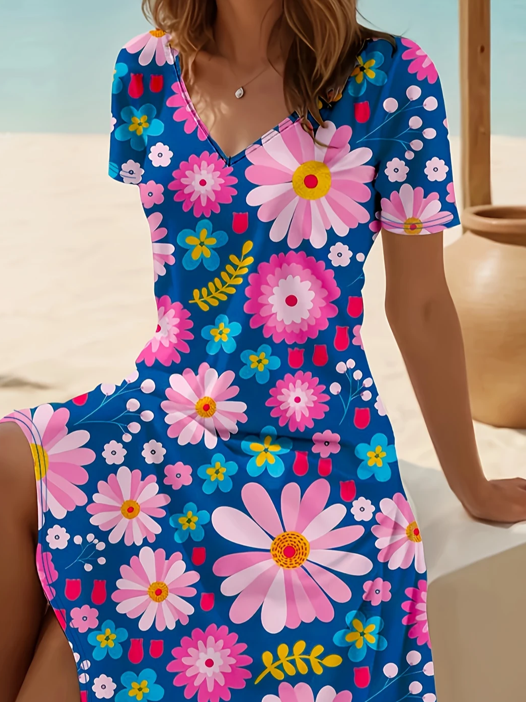 Damen Geblümt Kurzarm Sommer Print Kleid V-Ausschnitt Täglich Lässig Midi Passen & Flare Kleid A-Linien-Kleid