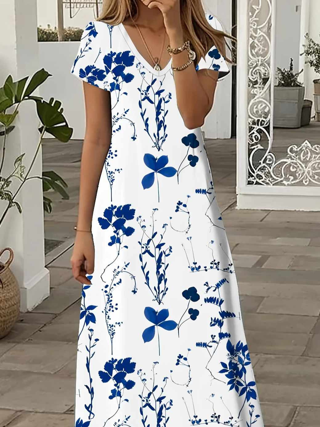 Damen Geblümt Kurzarm Sommer Print Kleid V-Ausschnitt Täglich Lässig Maxikleid X-Linie Kleid