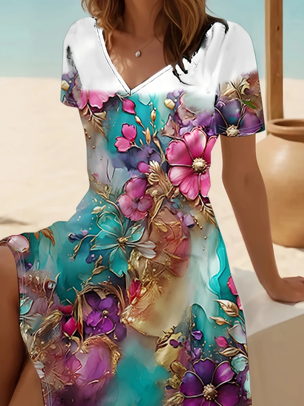 Damen Geblümt Kurzarm Sommer Print Kleid V-Ausschnitt Täglich Lässig Midi Passen & Flare Kleid A-Linien-Kleid