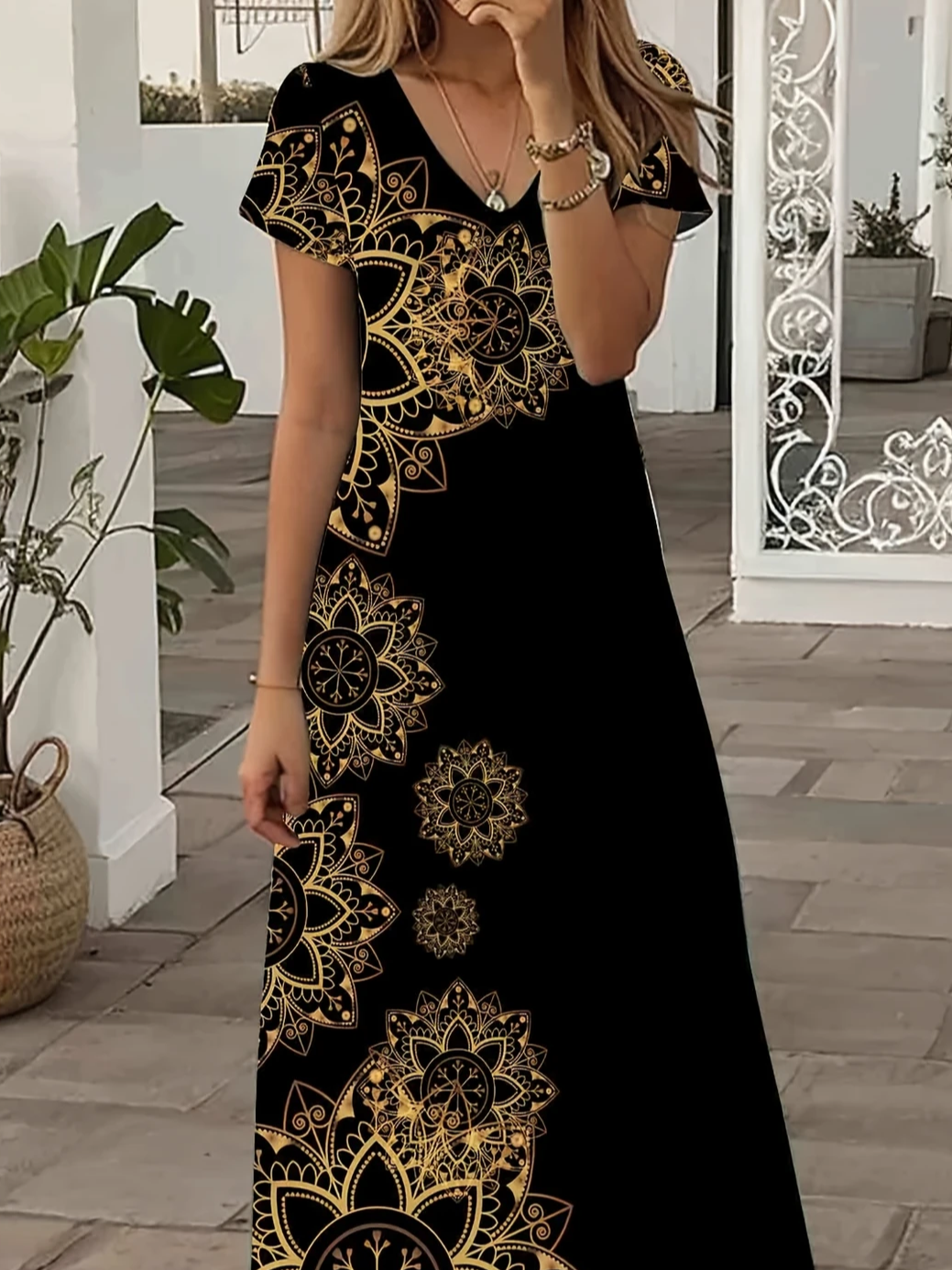 Damen Geblümt Kurzarm Sommer Print Kleid V-Ausschnitt Täglich Lässig Maxikleid X-Linie Kleid