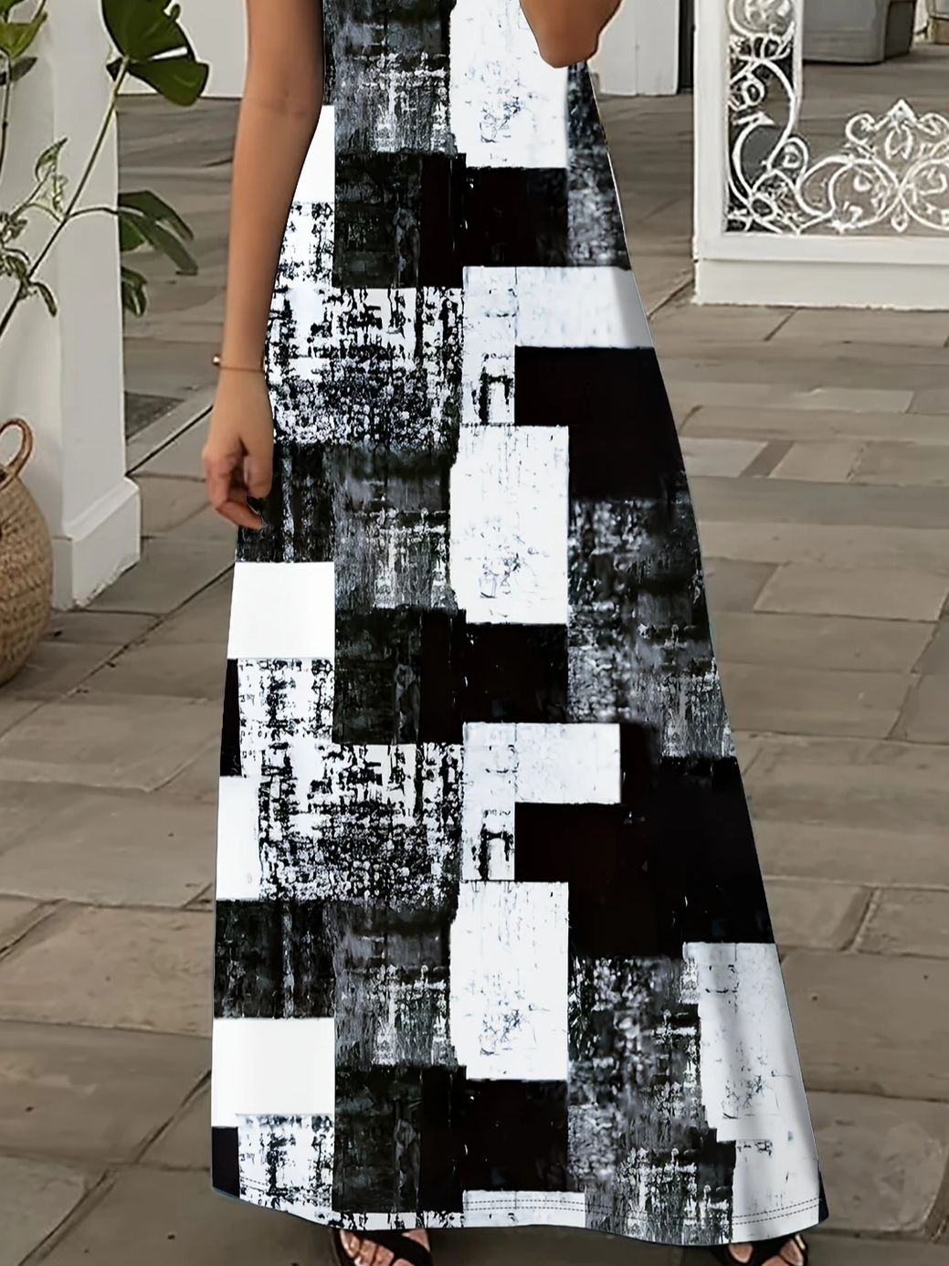 Damen Abstrakt Kariert Kurzarm Sommer Print Kleid V-Ausschnitt Täglich Lässig Maxikleid X-Linie Kleid