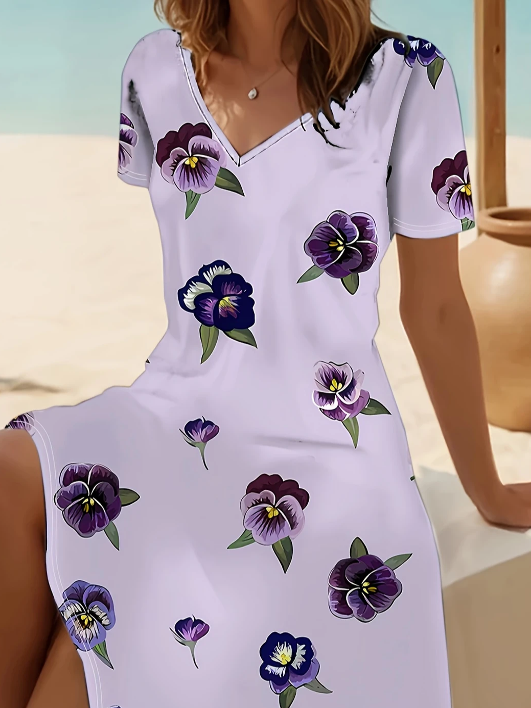 Damen Geblümt Kurzarm Sommer Print Kleid V-Ausschnitt Täglich Lässig Midi Passen & Flare Kleid A-Linien-Kleid