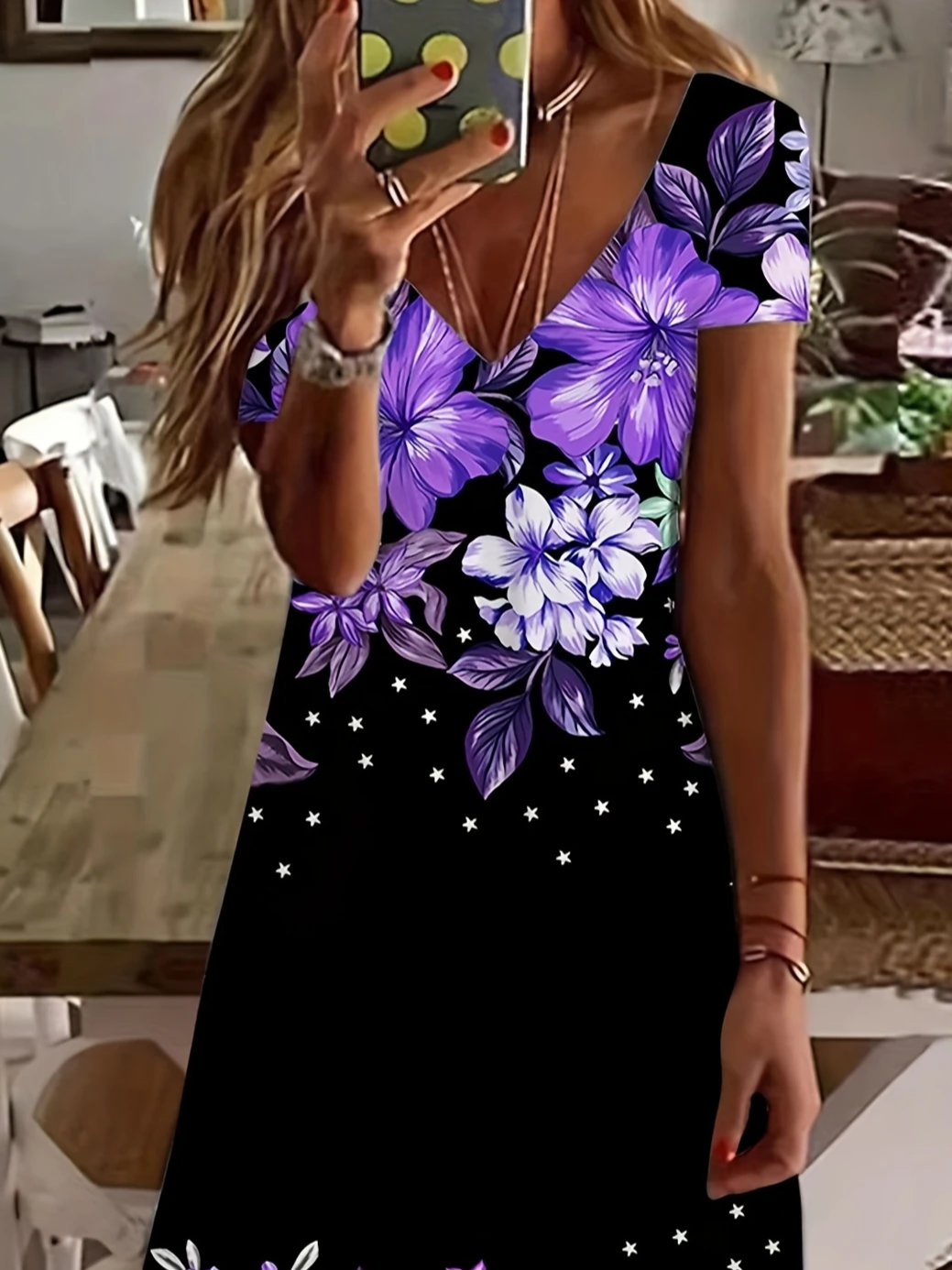 Damen Geblümt Kurzarm Sommer Print Kleid V-Ausschnitt Täglich Lässig Midi Passen & Flare Kleid A-Linien-Kleid