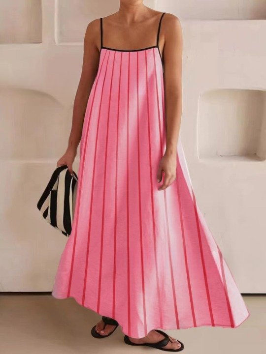 Damen Gestreift Ärmellos Sommer Nahtverarbeitung Kleid Karree-Ausschnitt Täglich Retro Maxikleid Tanktop A-Linien-Kleid