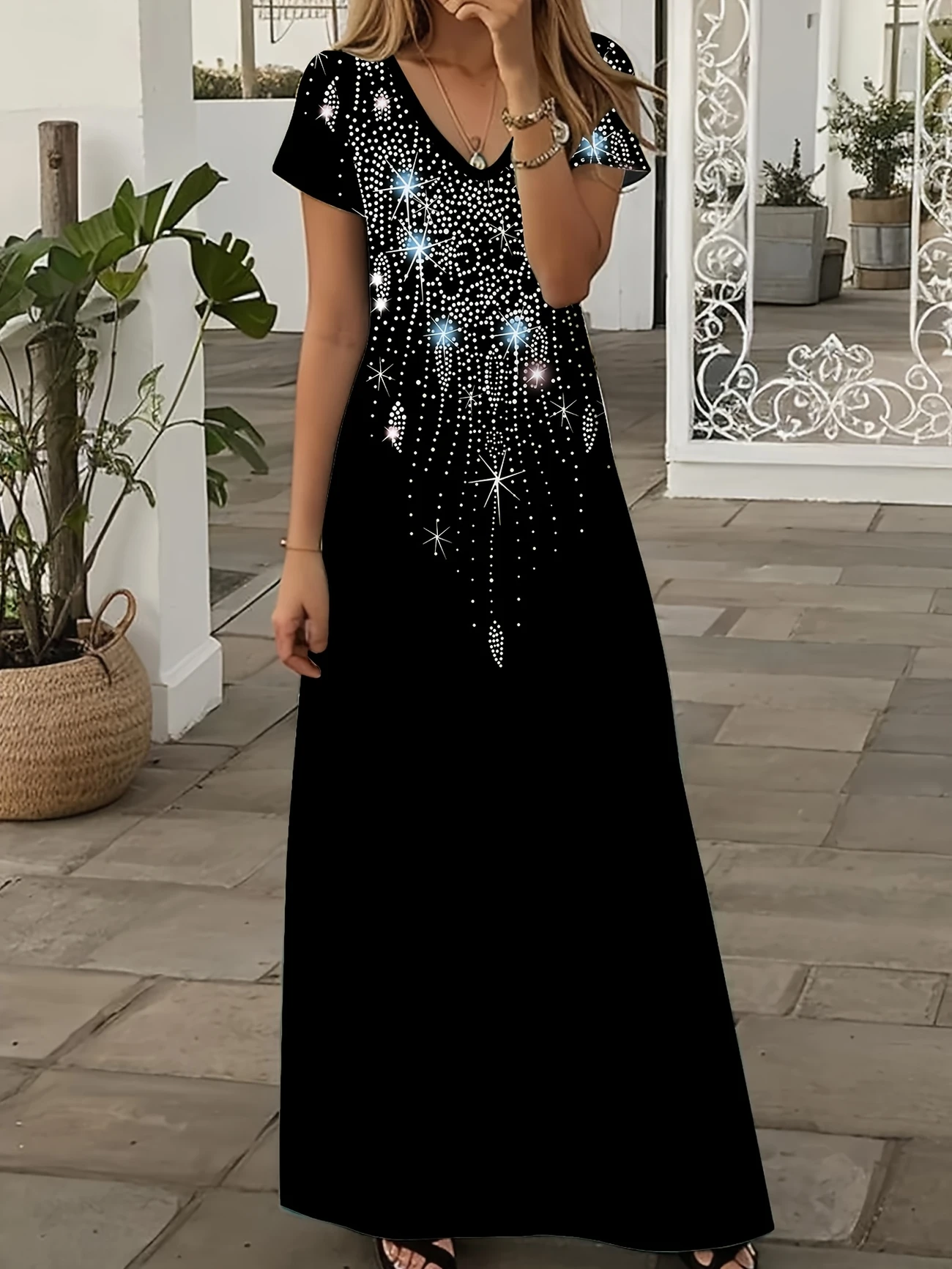 Damen Abstrakt Kurzarm Sommer Print Kleid V-Ausschnitt Täglich Lässig Maxikleid X-Linie Kleid