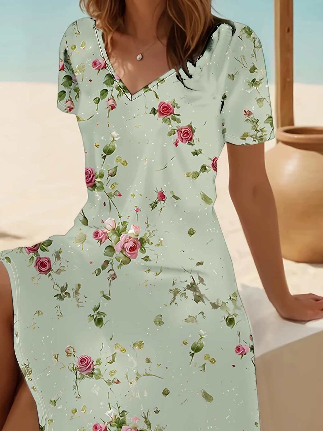 Damen Geblümt Kurzarm Sommer Print Kleid V-Ausschnitt Täglich Lässig Midi Passen & Flare Kleid A-Linien-Kleid
