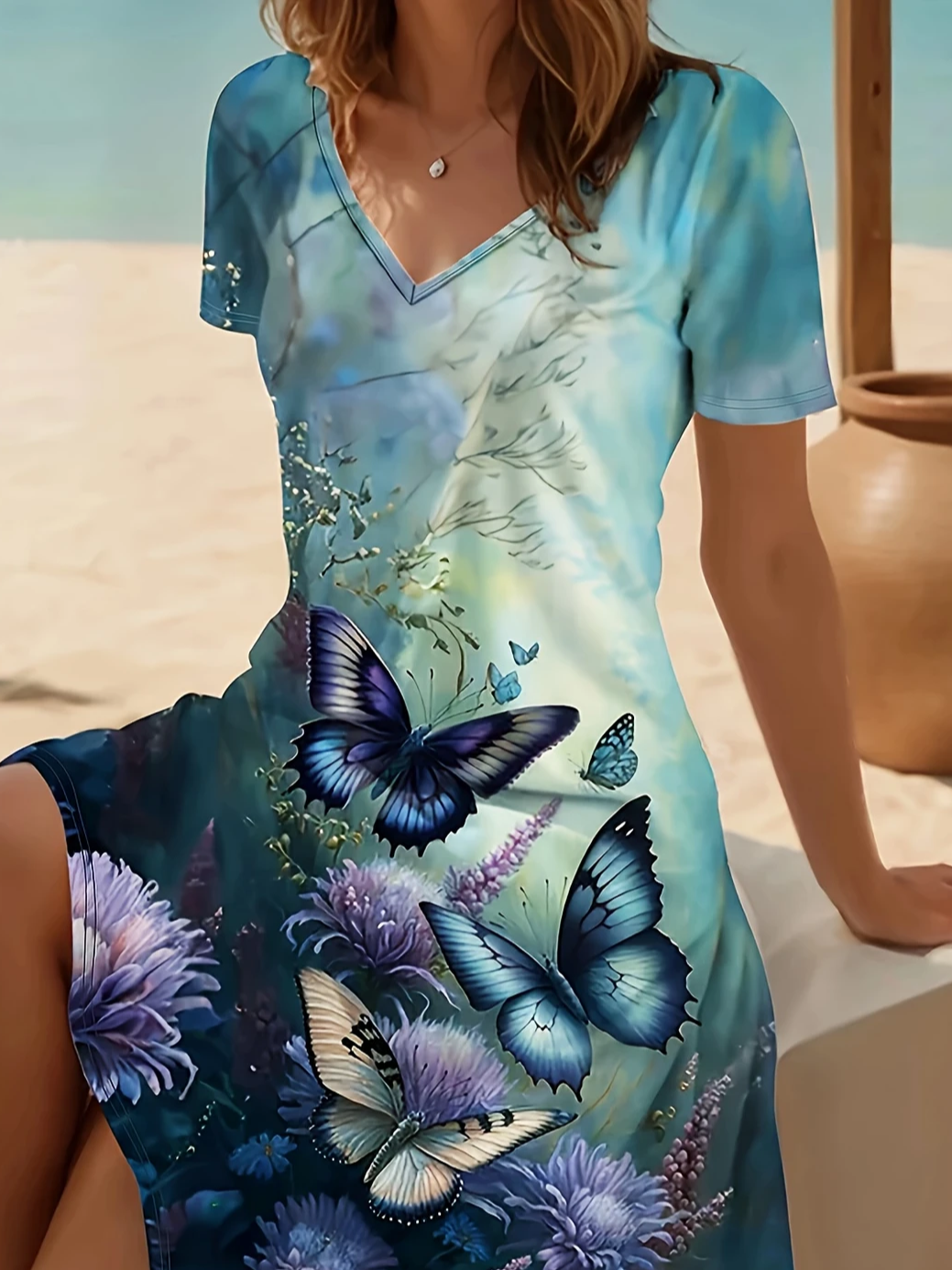 Damen Geblümt Kurzarm Sommer Print Kleid V-Ausschnitt Täglich Lässig Midi Passen & Flare Kleid A-Linien-Kleid