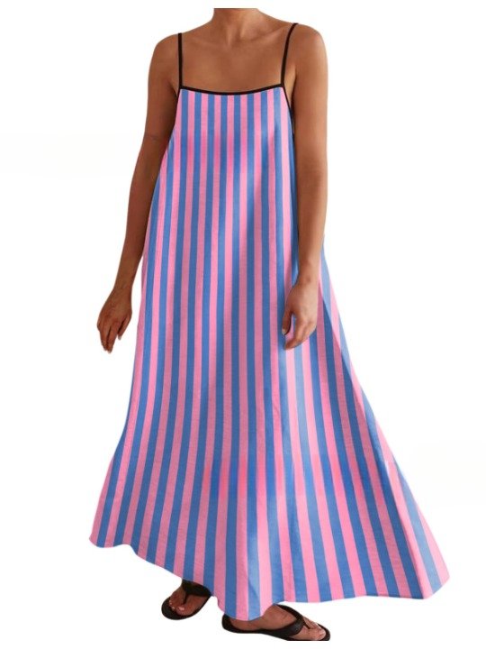 Damen Gestreift Ärmellos Sommer Nahtverarbeitung Kleid Karree-Ausschnitt Täglich Retro Maxikleid Tanktop A-Linien-Kleid