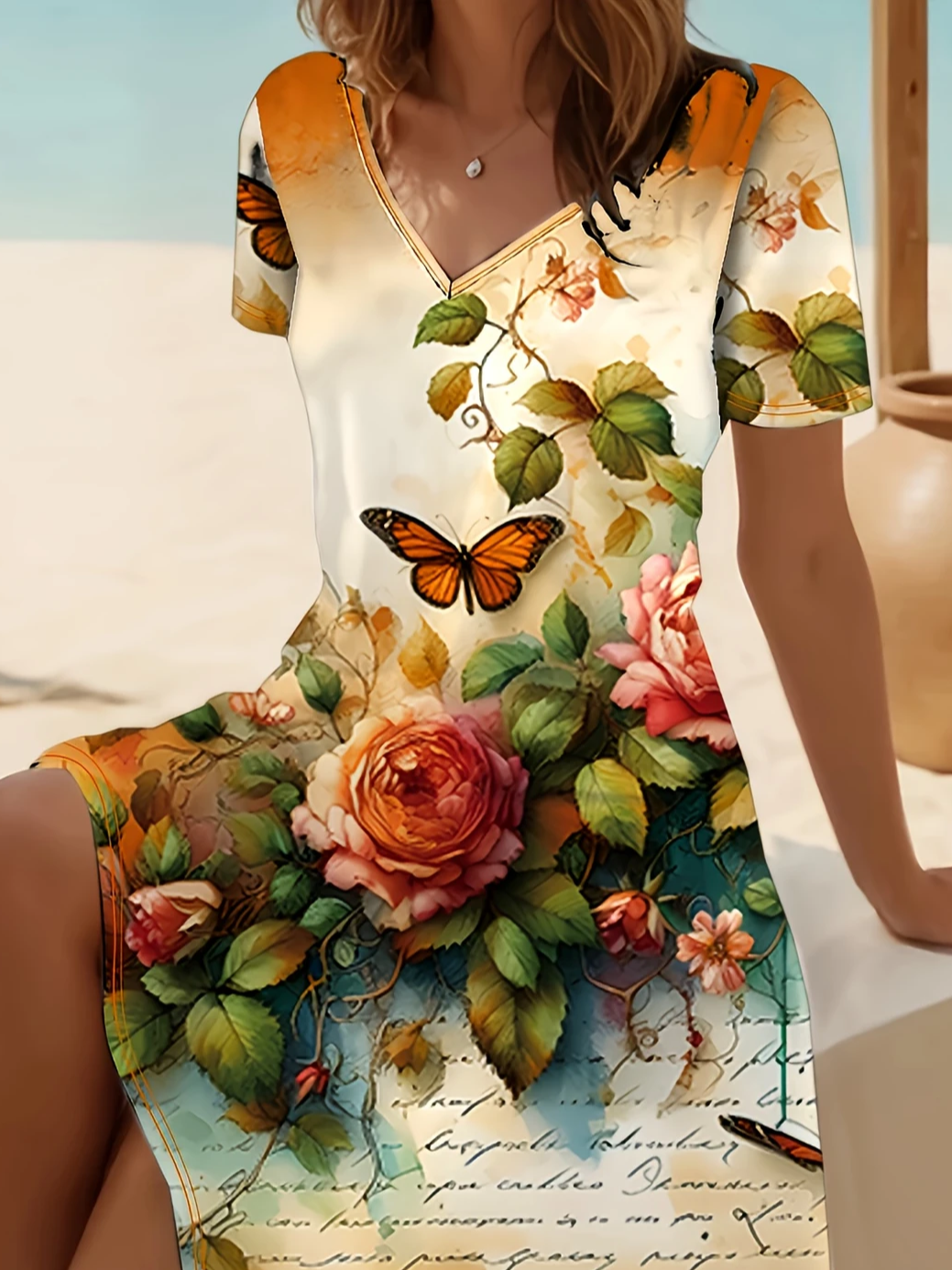 Damen Geblümt Kurzarm Sommer Print Kleid V-Ausschnitt Täglich Lässig Midi Passen & Flare Kleid A-Linien-Kleid