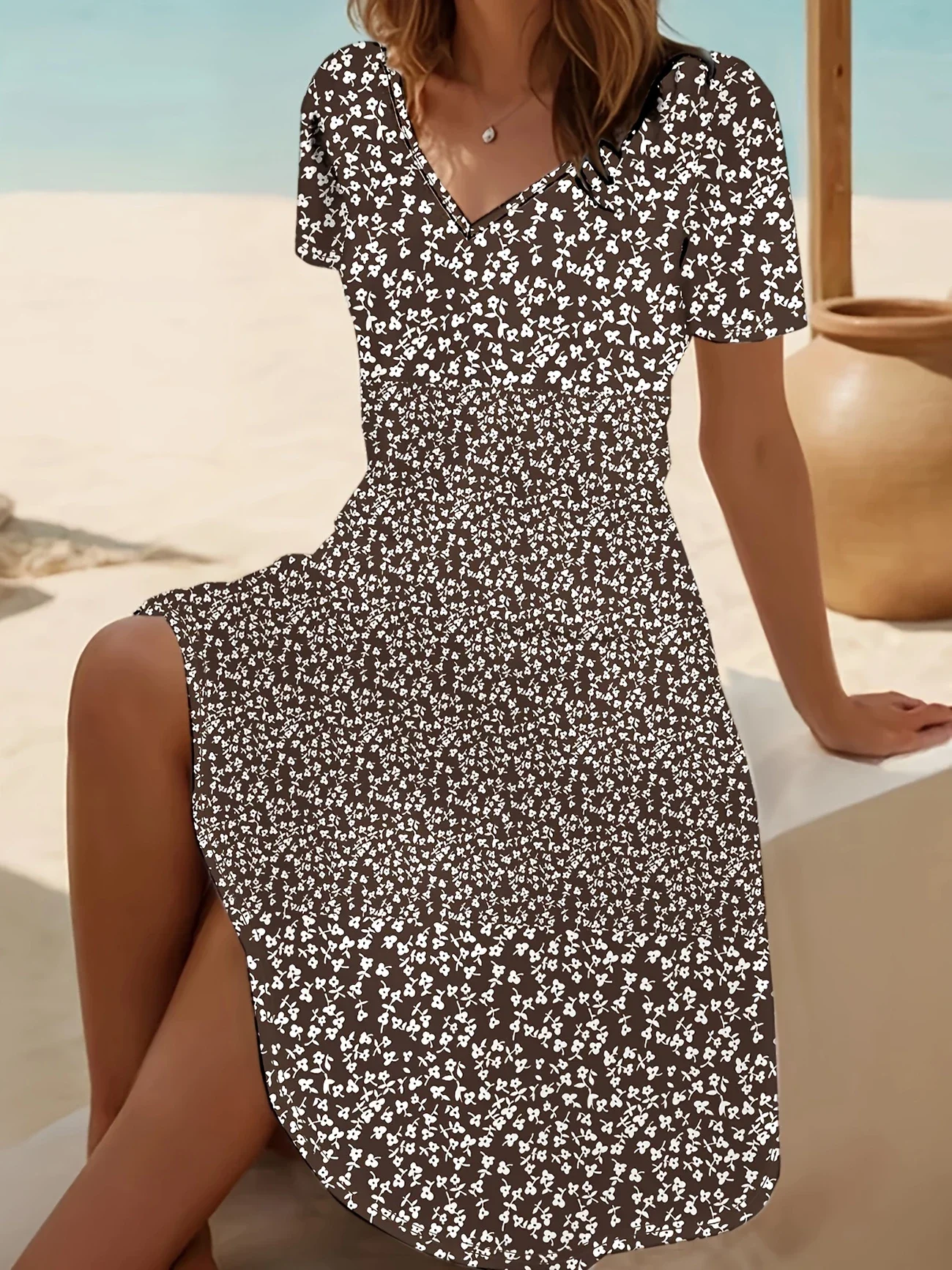 Damen Geblümt Kurzarm Sommer Print Kleid V-Ausschnitt Täglich Lässig Midi Passen & Flare Kleid A-Linien-Kleid