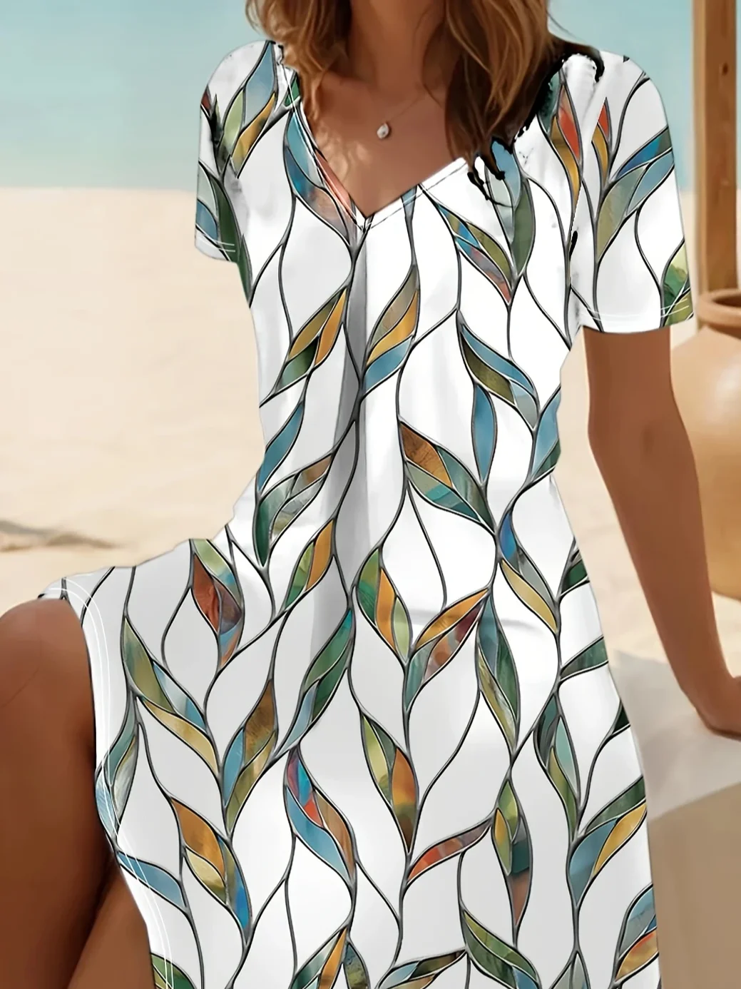 Damen Blätter Kurzarm Sommer Print Kleid V-Ausschnitt Täglich Lässig Midi Passen & Flare Kleid A-Linien-Kleid
