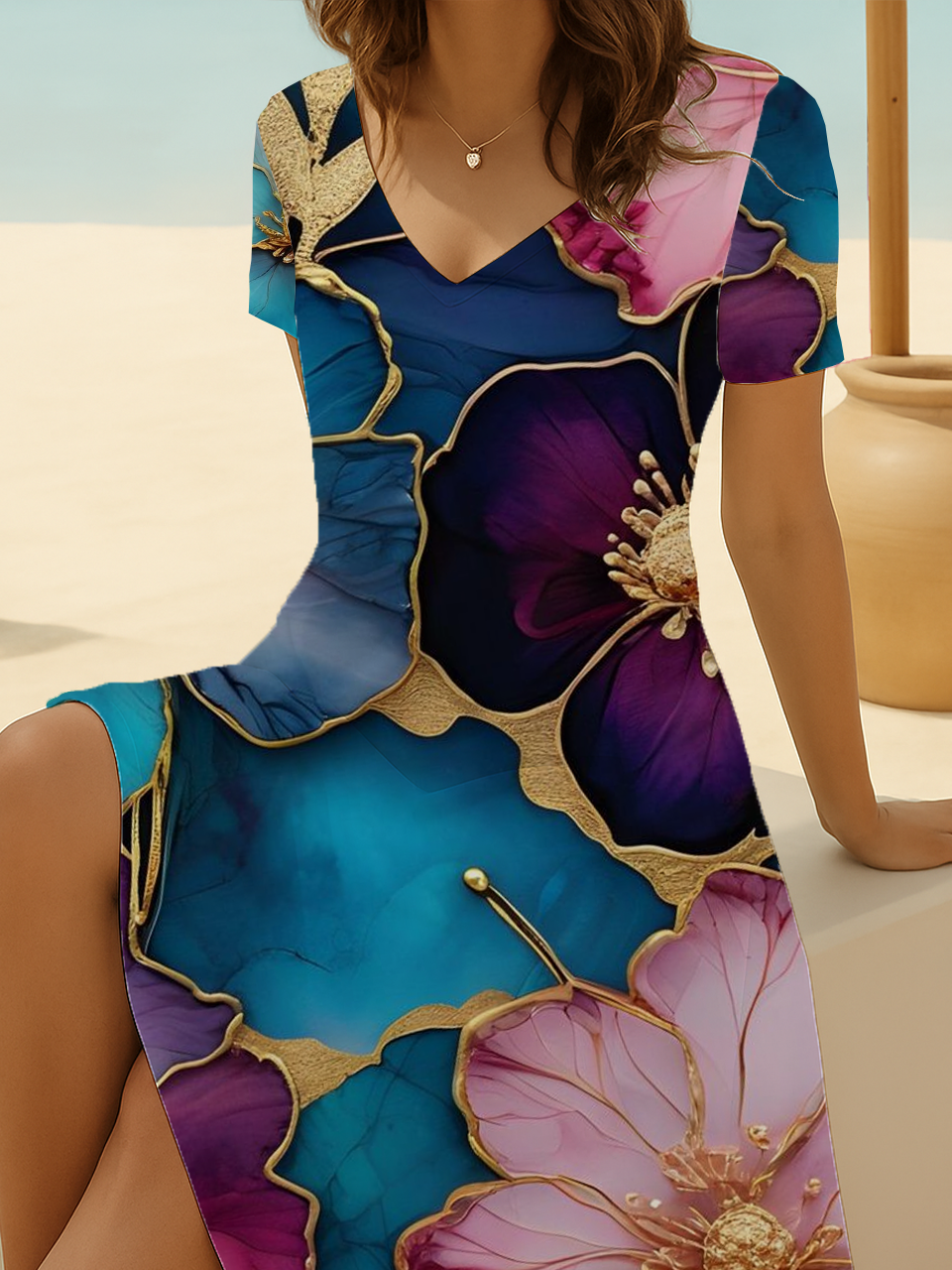Damen Geblümt Kurzarm Sommer Print Kleid V-Ausschnitt Täglich Lässig Midi Passen & Flare Kleid A-Linien-Kleid