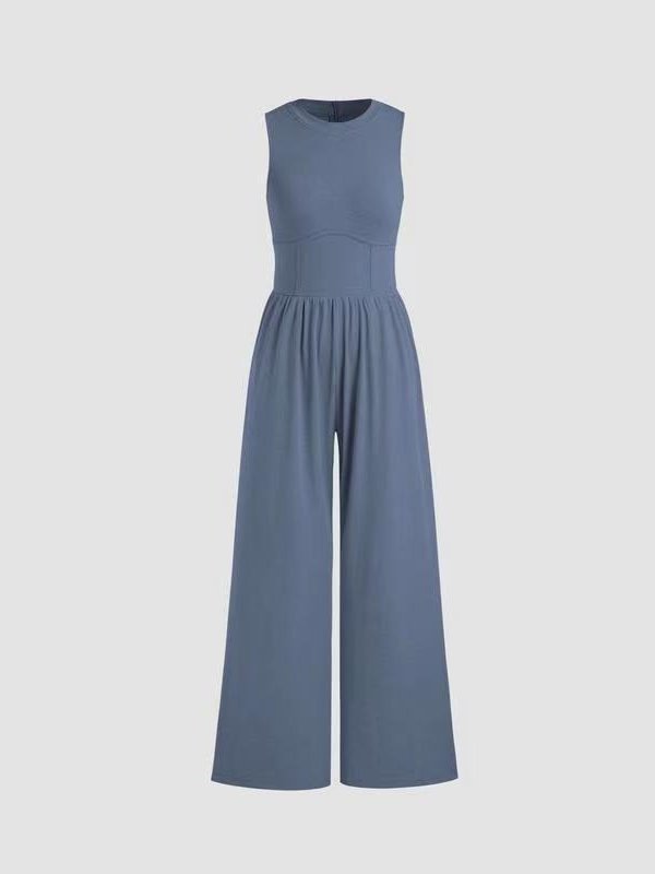 Damen Unifarben Rundhals Ärmellos Lässig Sommer Jumpsuit