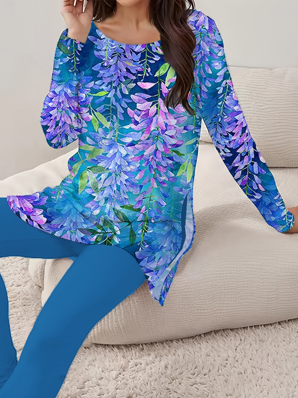 Damen Geblümt Print Zweiteiliges Set Täglich Langarm Lässig Frühling/Herbst Bluse mit Hose Matching Set