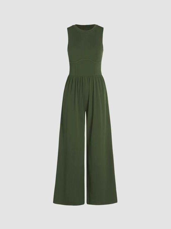 Damen Unifarben Rundhals Ärmellos Lässig Sommer Jumpsuit