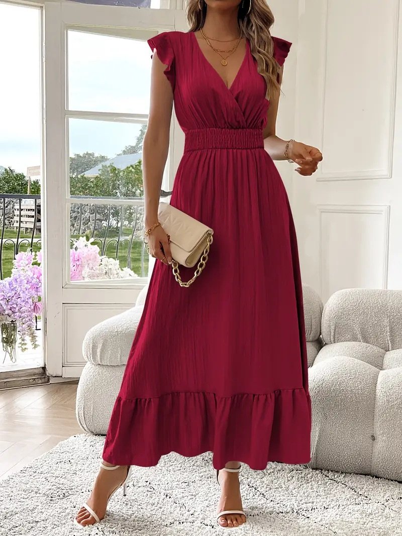 Damen Unifarben Kurzarm Sommer Nahtverarbeitung Kleid V-Ausschnitt Rüschenärmel Täglich Retro Maxikleid Tanktop A-Linien-Kleid