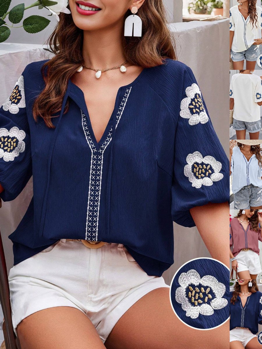 Damen Geblümt Halbarm Bluse Sommer Stickerei V-Ausschnitt Täglich Lässig Oberteile