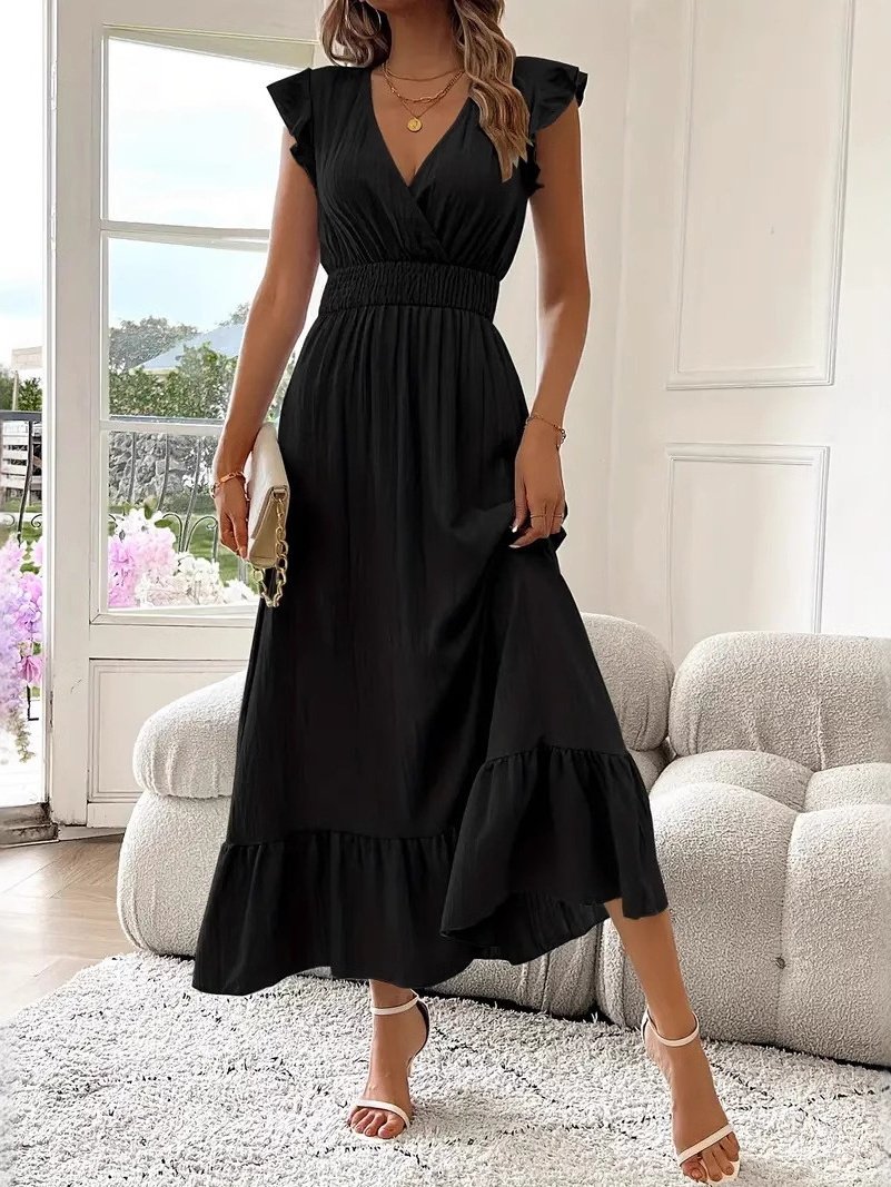 Damen Unifarben Kurzarm Sommer Nahtverarbeitung Kleid V-Ausschnitt Rüschenärmel Täglich Retro Maxikleid Tanktop A-Linien-Kleid