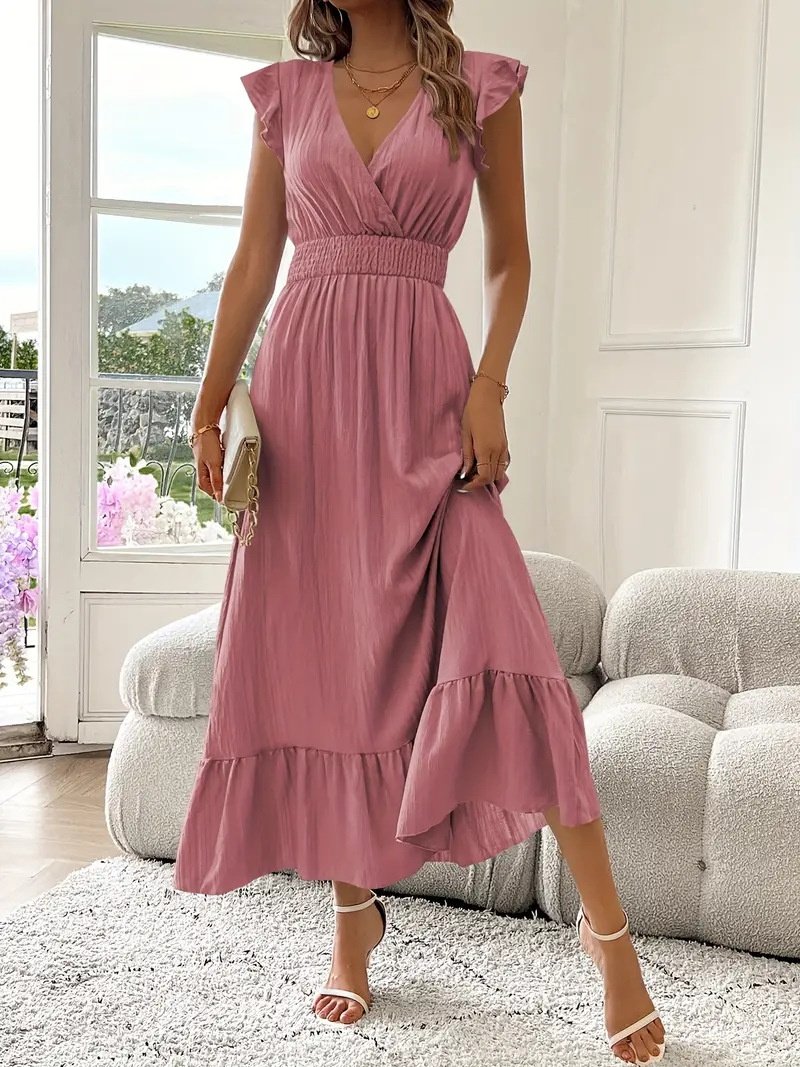 Damen Unifarben Kurzarm Sommer Nahtverarbeitung Kleid V-Ausschnitt Rüschenärmel Täglich Retro Maxikleid Tanktop A-Linien-Kleid