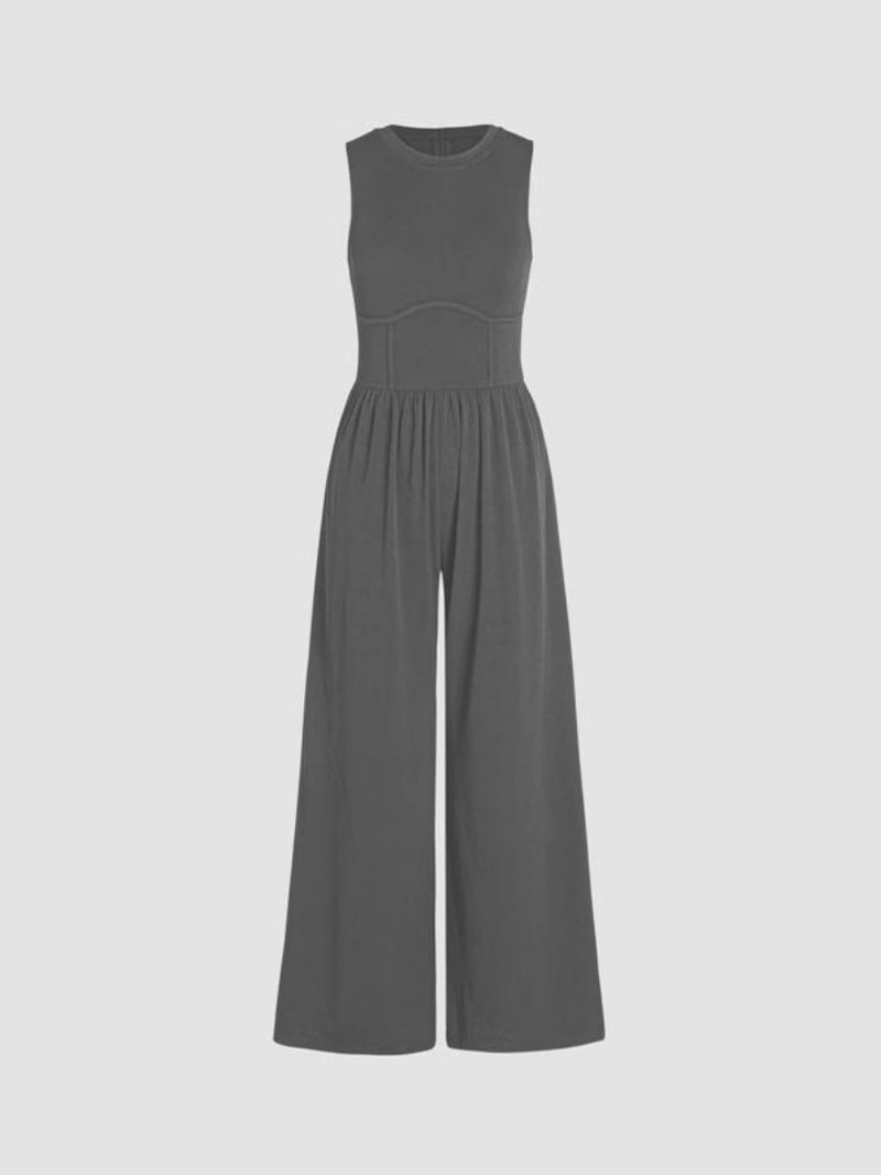 Damen Unifarben Rundhals Ärmellos Lässig Sommer Jumpsuit