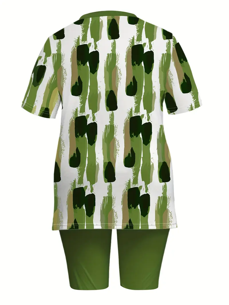 Damen Abstrakt Print Zweiteiliges Set Täglich Kurzarm Lässig Sommer Bluse mit Hose Matching Set