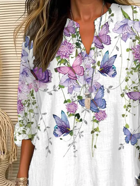Damen Geblümt Langarm Bluse Frühling/Herbst Print V-Ausschnitt Täglich Lässig Oberteile