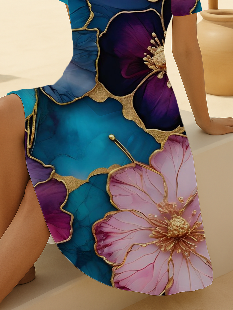 Damen Geblümt Kurzarm Sommer Print Kleid V-Ausschnitt Täglich Lässig Midi Passen & Flare Kleid A-Linien-Kleid