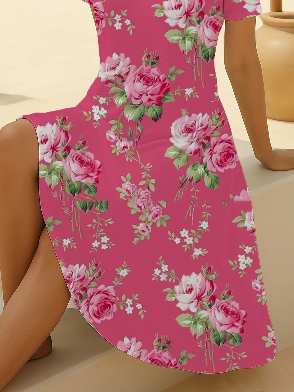 Damen Geblümt Kurzarm Sommer Print Kleid V-Ausschnitt Täglich Lässig Midi Passen & Flare Kleid A-Linien-Kleid