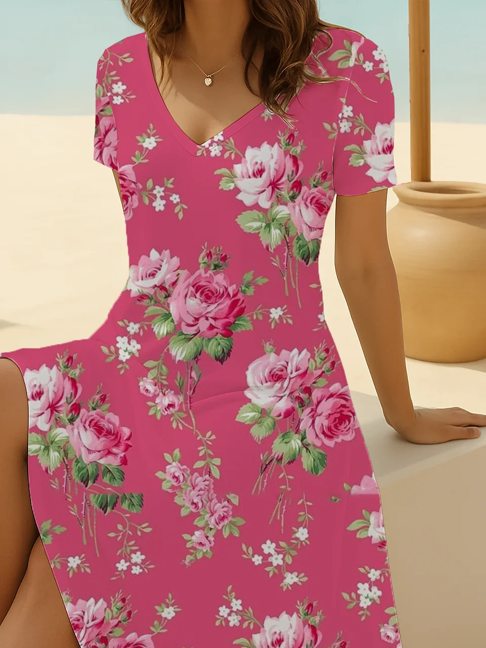 Damen Geblümt Kurzarm Sommer Print Kleid V-Ausschnitt Täglich Lässig Midi Passen & Flare Kleid A-Linien-Kleid