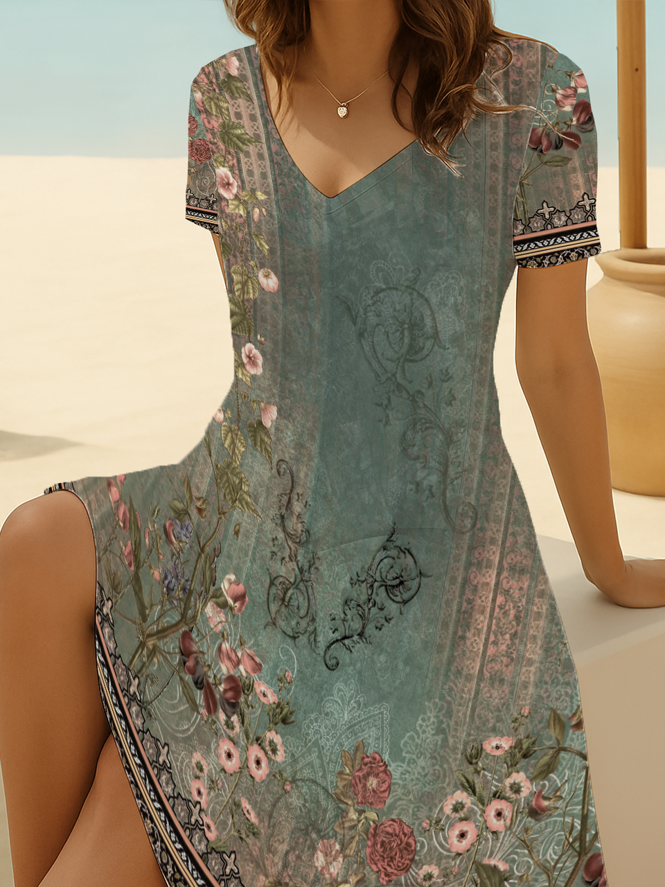Damen Geblümt Kurzarm Sommer Print Kleid V-Ausschnitt Täglich Lässig Midi Passen & Flare Kleid A-Linien-Kleid