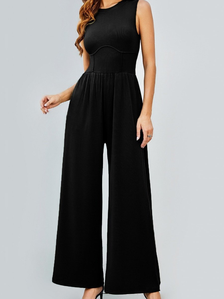 Damen Unifarben Rundhals Ärmellos Lässig Sommer Jumpsuit