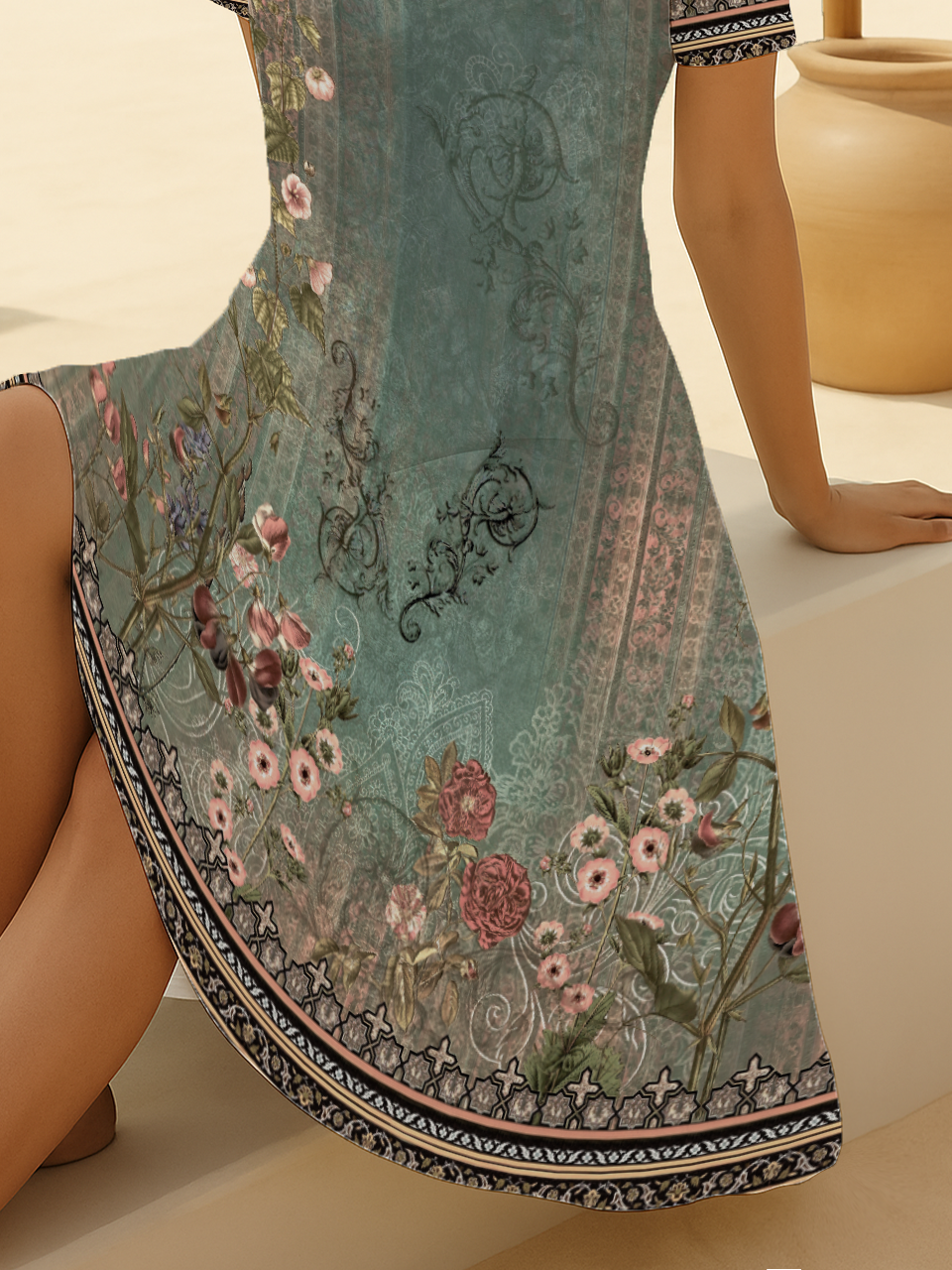 Damen Geblümt Kurzarm Sommer Print Kleid V-Ausschnitt Täglich Lässig Midi Passen & Flare Kleid A-Linien-Kleid
