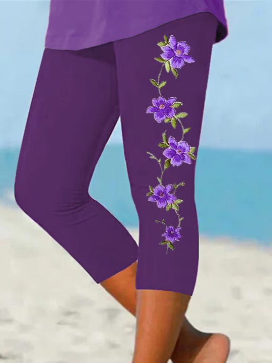 Damen Geblümt Caprihosen Elastische Taille Hose Lässig Sommer Hose