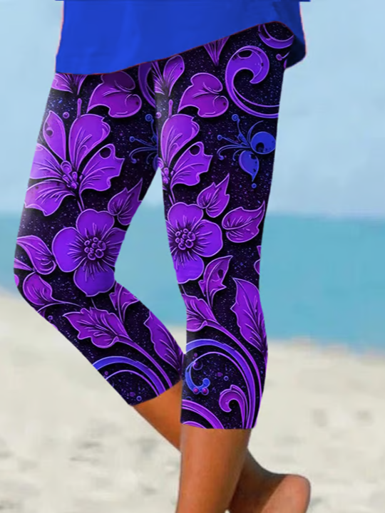 Damen Geblümt Caprihosen Elastische Taille Hose Lässig Sommer Hose