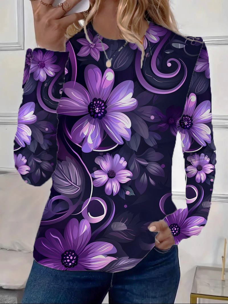 Damen Geblümt Langarm T-Shirts T-Shirt Rundhals Print Lässig Frühling/Herbst T-Shirt mit Grafik Oberteile
