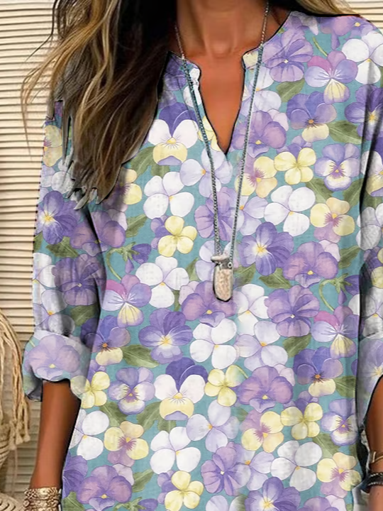 Damen Geblümt Langarm Bluse Frühling/Herbst Print V-Ausschnitt Täglich Lässig Oberteile