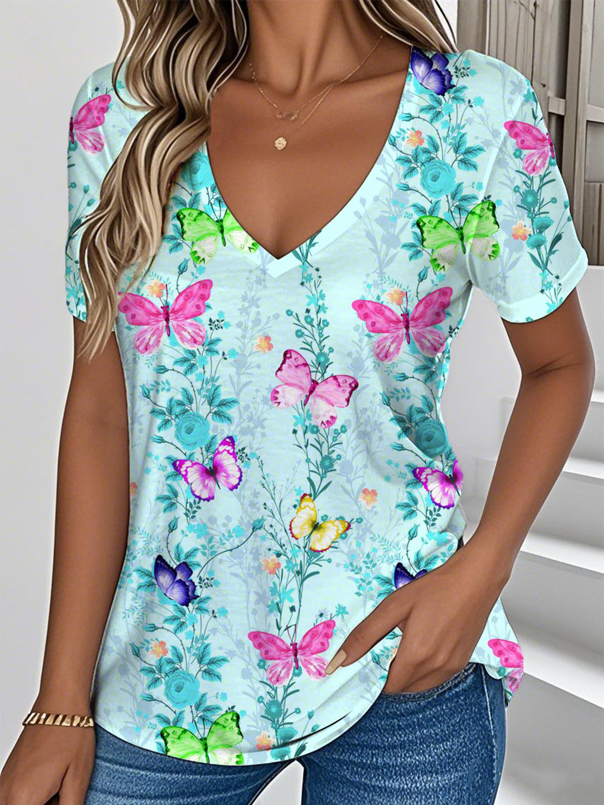 Damen Geblümt Kurzarm T-Shirts T-Shirt V-Ausschnitt Lässig Sommer Oberteile