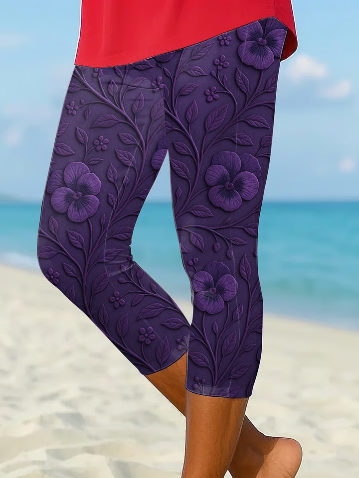 Damen Geblümt Caprihosen Elastische Taille Hose Lässig Sommer Hose