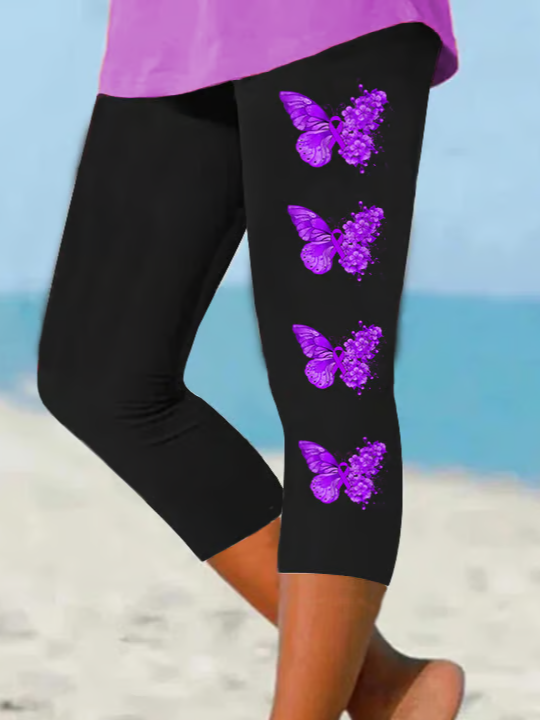 Damen Schmetterling Caprihosen Elastische Taille Hose Lässig Sommer Hose