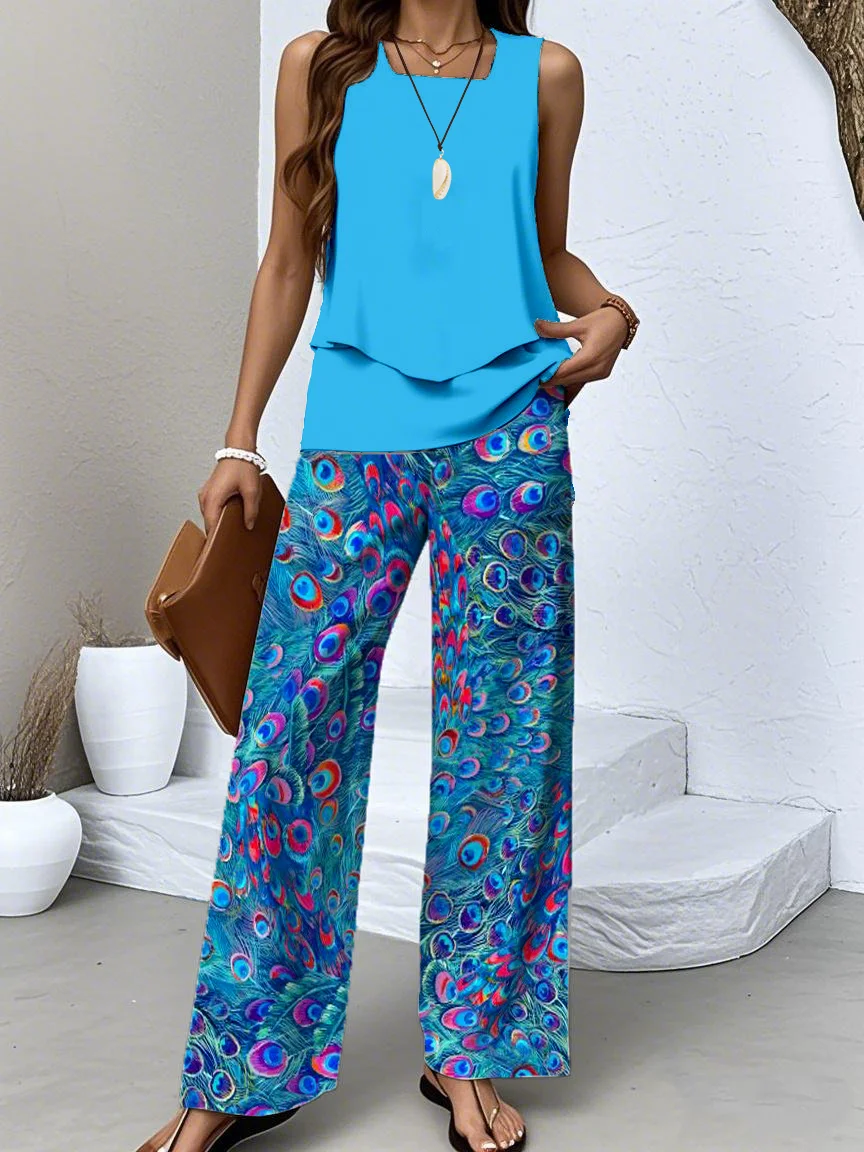 Damen Psychedelisch Kunst Zweiteiliges Set Täglich Ärmellos Lässig Sommer Bluse mit Hose Matching Set