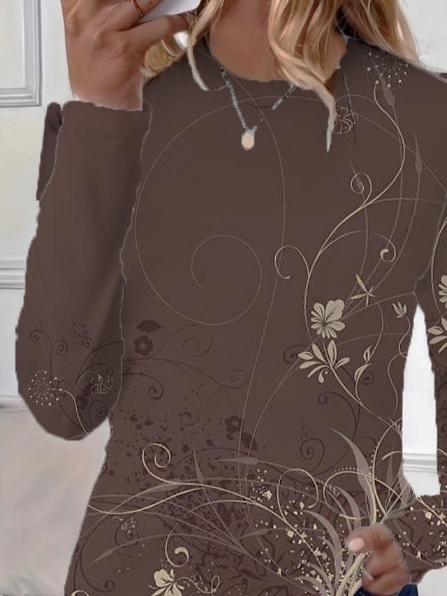 Damen Geblümt Langarm T-Shirts T-Shirt Rundhals Print Lässig Frühling/Herbst T-Shirt mit Grafik Oberteile