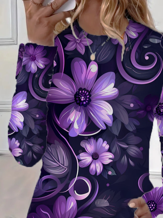 Damen Geblümt Langarm T-Shirts T-Shirt Rundhals Print Lässig Frühling/Herbst T-Shirt mit Grafik Oberteile
