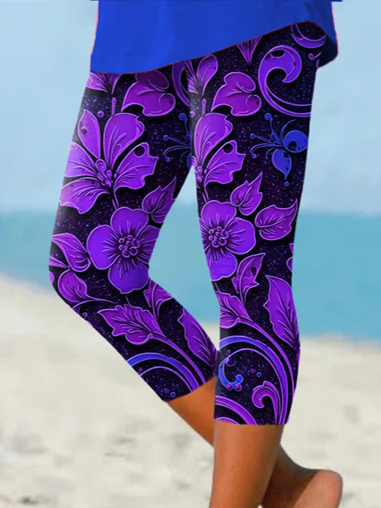 Damen Geblümt Caprihosen Elastische Taille Hose Lässig Sommer Hose