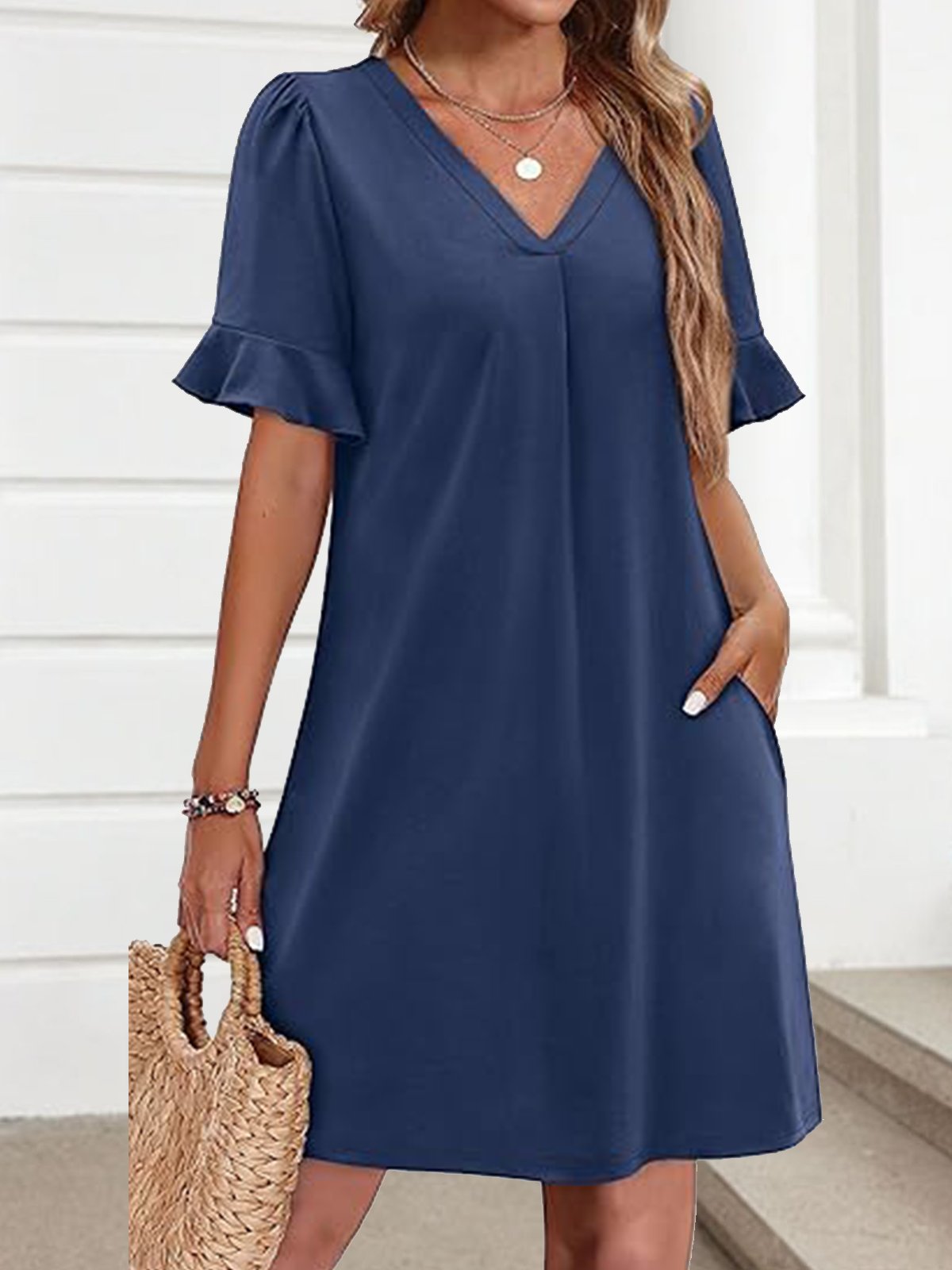 Damen Unifarben Kurzarm Sommer Kleid V-Ausschnitt Täglich Lässig Midi Passen & Flare Kleid A-Linien-Kleid