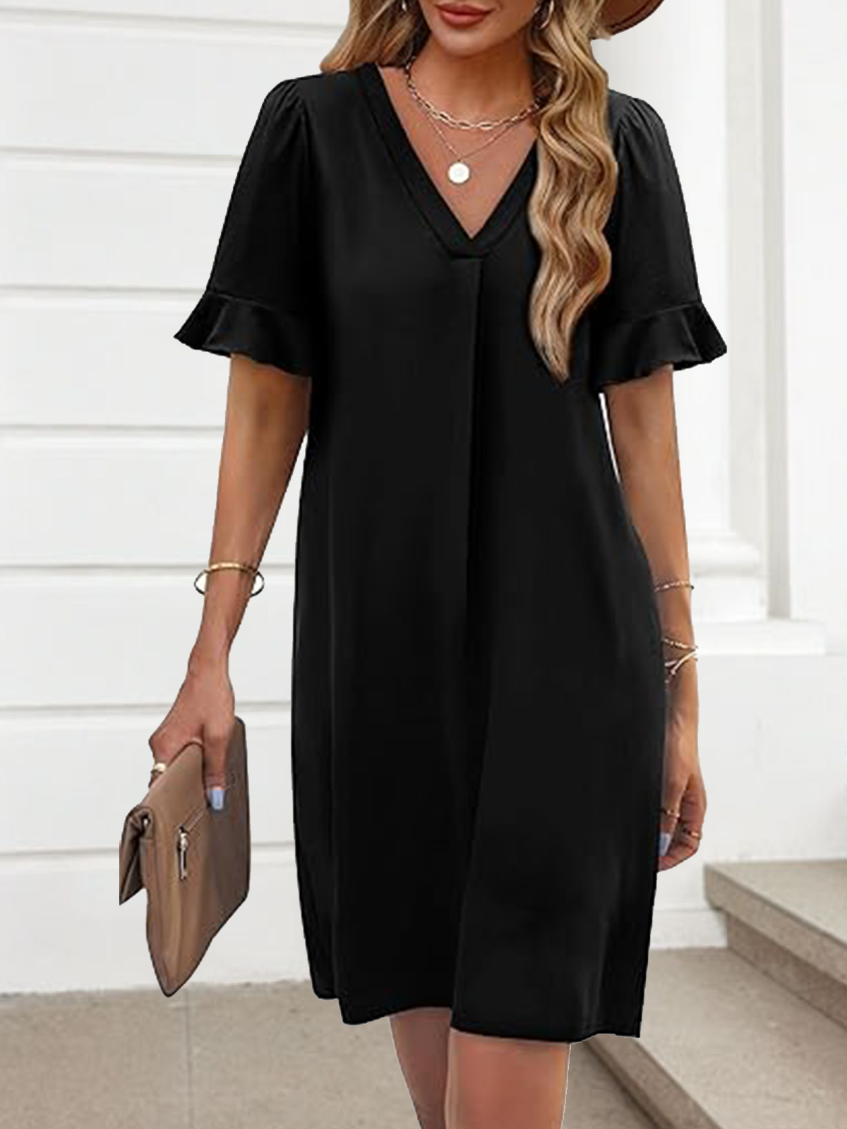 Damen Unifarben Kurzarm Sommer Kleid V-Ausschnitt Täglich Lässig Midi Passen & Flare Kleid A-Linien-Kleid