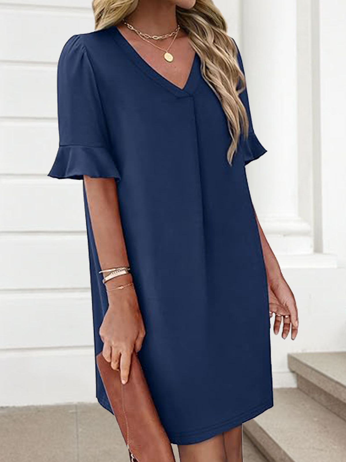 Damen Unifarben Kurzarm Sommer Kleid V-Ausschnitt Täglich Lässig Midi Passen & Flare Kleid A-Linien-Kleid