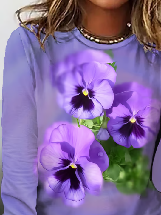Damen Geblümt Langarm T-Shirts T-Shirt Rundhals Print Lässig Frühling/Herbst T-Shirt mit Grafik Oberteile